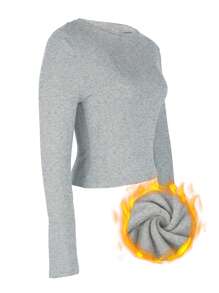 INAWLY 女式纯色圆领长袖修身休闲 T 恤，带保暖内衬，秋冬 - 淺灰色 - 查看 3