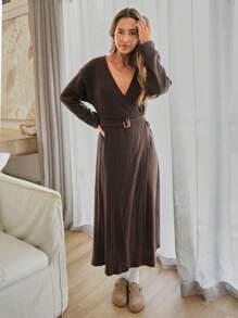 EURMUSE WOMAN LONG ELEGANT DRESS WITH BELT BUCKLE - Brown - View 3