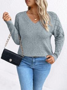 SHEIN LUNE Plus Size V-Neck Casual Comfortable Long Sleeve Sweater Knit Pullover Fall Winter - Grey - View 4