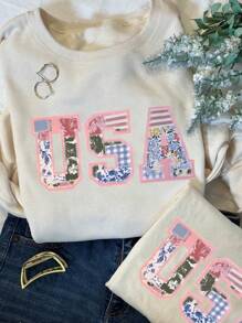 SHEIN EZwear Áo nỉ lót nhiệt in chữ và hoa tay dài thường ngày cho nữ, mùa thu/đông - Màu be - Xem 1