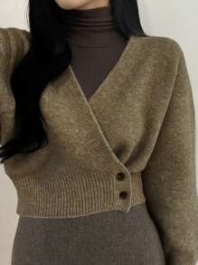 DAZY Women's Solid Color Overlapping V-Neck Long Sleeve Sweater, Autumn/Winter - Army Green - View 1