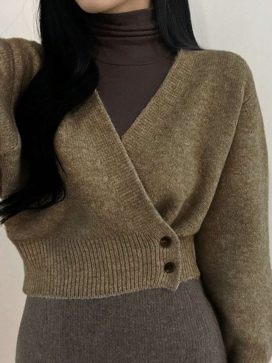 DAZY Women's Solid Color Overlapping V-Neck Long Sleeve Sweater, Autumn/Winter - Army Green - View 1