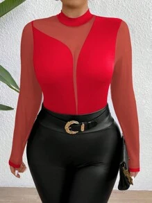 Celure Women Plus Size Solid Color Stand Collar Mesh Contrast Fitted T-Shirt For New Year Clothes Graphic Tees Women Tops