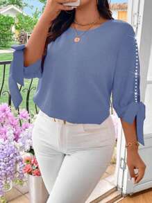 Celure 大码纯色水晶装饰打结优雅圆领长袖衬衫 - 霧霾藍 - 查看 3