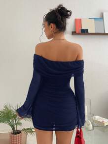 SHEIN EZwear 女士露肩喇叭袖短款连衣裙 - 藏蓝色 - 查看 2