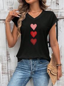 SHEIN LUNE Áo thun nữ cổ chữ V họa tiết trái tim tối giản giản dị, phù hợp cho mùa xuân/hè - màu đen - Xem 3