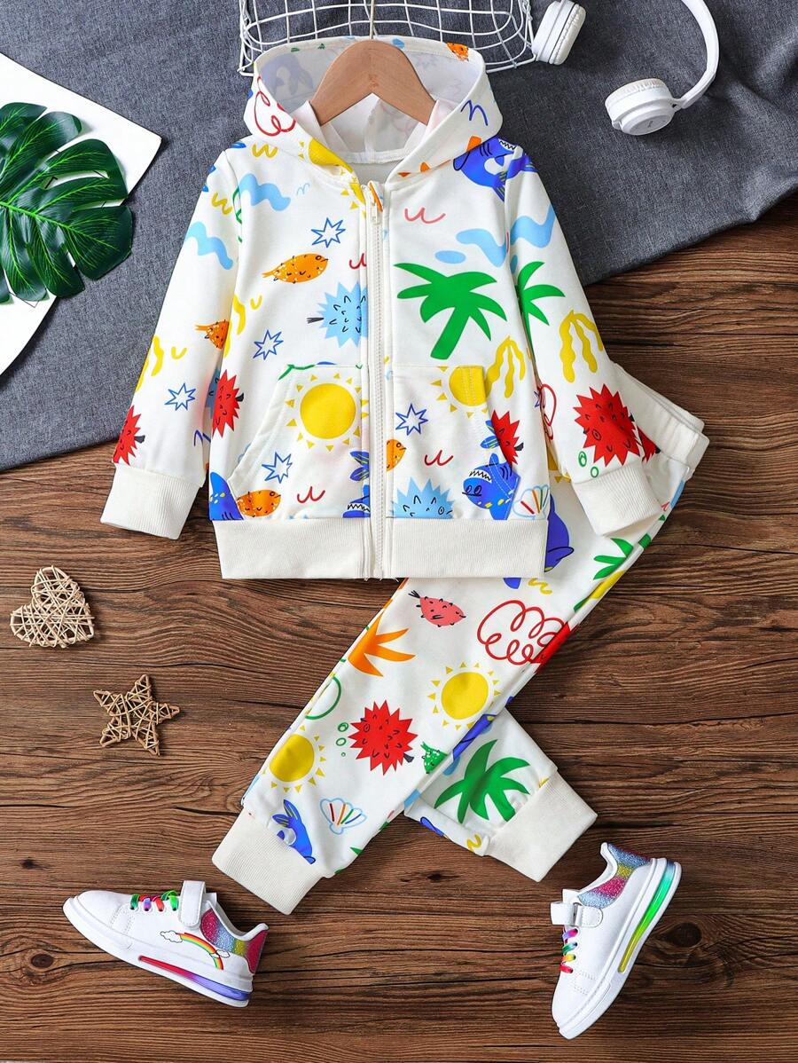 SHEIN 2 件套年轻女孩卡通创意图案柔软连帽拉链夹克 + 休闲裤套装，适合儿童春秋季户外运动和玩耍 - 杏色 - 查看 1
