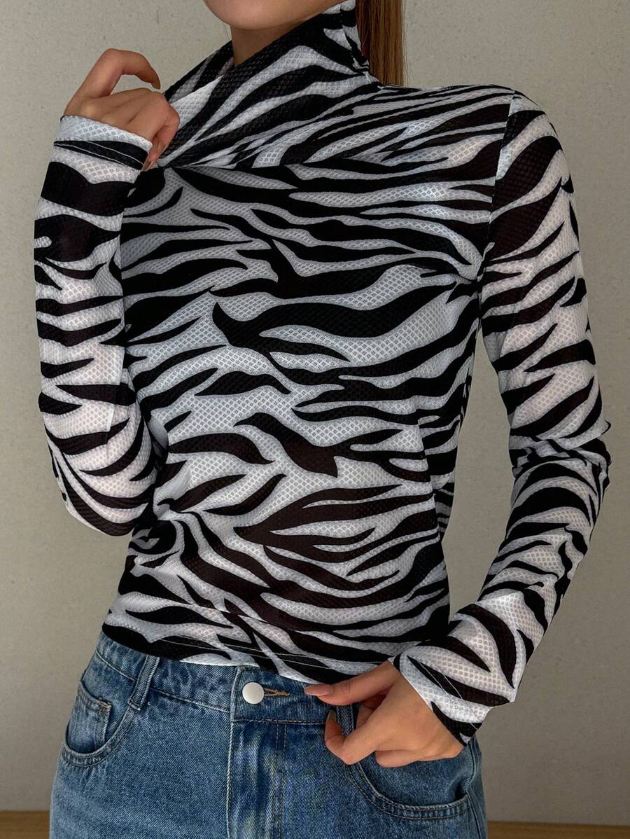 DAZY 高领豹纹女式 T 恤，简约时尚休闲日常穿着，秋季服装长袖女式上衣 - 黑色 - 查看 1