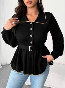 Calvaya Plus Size French Collar Button Waisted Flared Cardigan, For Autumn/Winter Fall Cloth For Women