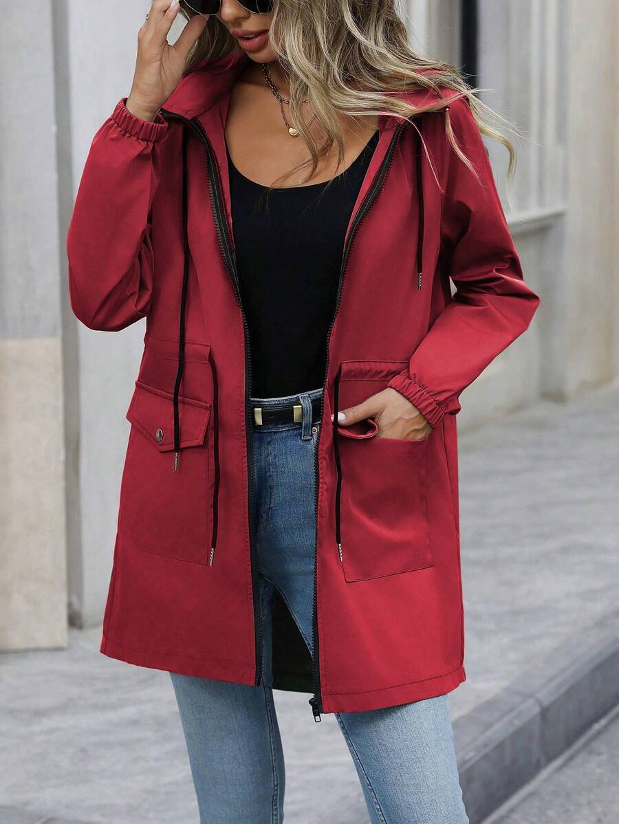 SHEIN LUNE 女士连帽收腰常规夹克，适合新年衣服 - 紅色 - 查看 1