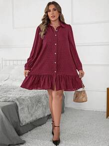 SHEIN Clasi 大码女式秋季提花灯笼袖衬衫罩衫连衣裙/返校连衣裙、教师连衣裙 - 酒紅色 - 查看 6