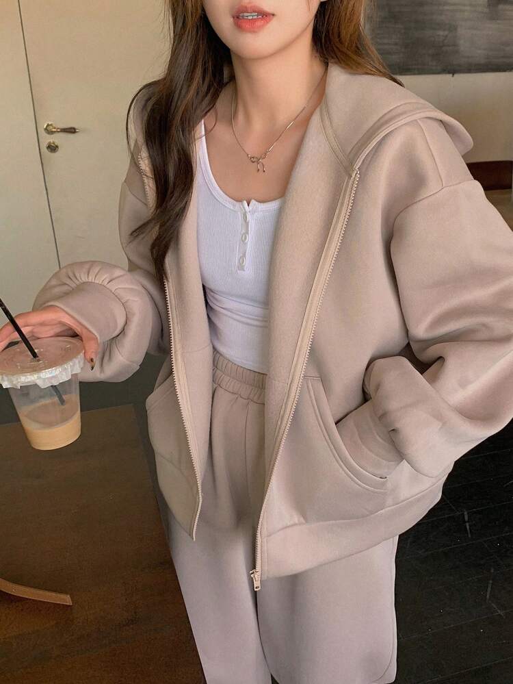 2pcs Women Solid Color Zipper Front Hooded Sweatshirt And Pants Casual Suit For Autumn/Winter,Fall Women Clothes Tracksuits Women Set Lounge Sets For Women