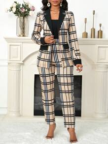 SHEIN Lady Plaid Print Stitching Black Collar Women's Suit Jacket And Women's Suit Trousers, Daily Work Party In Autumn And Winter Suit Women's Two Pieces Set