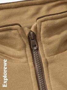 SHEIN 2 件套青少年男孩字母印花拉链连帽衫和裤子户外休闲装，棕色 - 棕色 - 查看 4