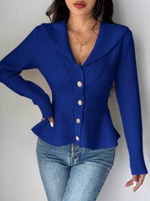 Chiquease Women Solid Color Front Button Ruffle Hem Elegant Long Sleeve Cardigan Sweater - Royal Blue - View 6