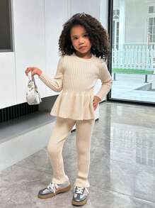 SHEIN Leap Crew Young Girl Daily Casual Solid Color Knitted Round Neck Long Sleeve Top And Extended Pants Set With Waist Cinching, Autumn/Winter - Apricot - View 2