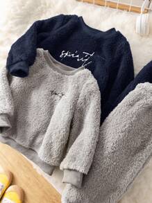 SHEIN 4pcs/Set Baby Boy Solid Color Fluffy Warm Long Sleeve Sweatshirt And Pants Set, Casual Home/Outdoor Outfits For Autumn/Winter