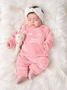 SHEIN 新生女婴蓬松字母印花长袖上衣和松紧腰裤套装，秋冬 - 淺粉色 - 查看 3