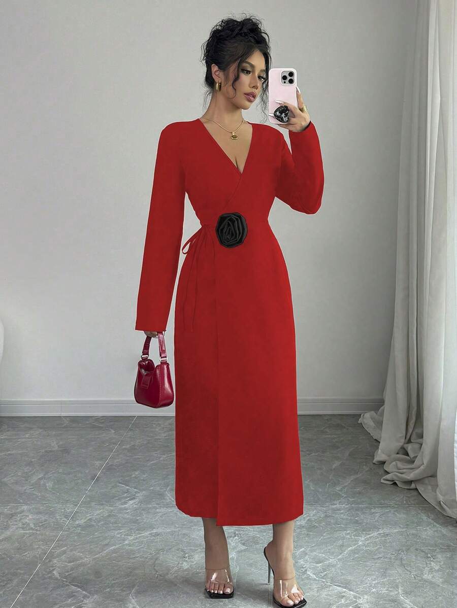 Elenzga Đầm dài tay thắt nút trang trí 3D màu tương phản thanh lịch cho nữ, trang phục thu đông năm mới cho phụ nữ - Đỏ - Xem 1