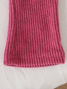 SHEIN Sweetra Young 女婴长袖拼布领蝴蝶结装饰上衣和长裤套装 - 玫紅色 - 查看 3