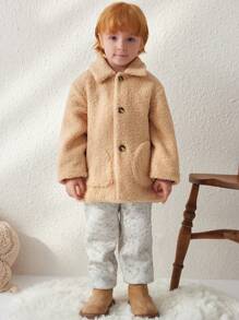 Blossori Young Boys' French Elegant Loose Front Button Yellow Fleece Long Sleeve Jacket, Autumn/Winter - Yellow - View 4