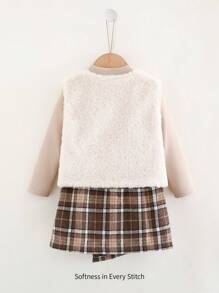 Cozy Pixies 3pcs/Set Baby Girl Solid Color Knitted Soft Mock Neck Sweater, Plaid Skirt And Sleeveless Furry Vest, Warm And Versatile For Winter, Suitable For Casual, Indoor, Holiday, Christmas, New Year Occasions - Multicolor - View 2