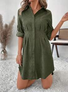 SHEIN Clasi 女士舒适灯芯绒长袖连衣裙，秋冬 - 綠色 - 查看 5