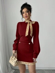 Elenzga 2 Stücke/Set Damen Herbst elegantes Langarm-Top & Rock Set mit Pailletten Verzierung