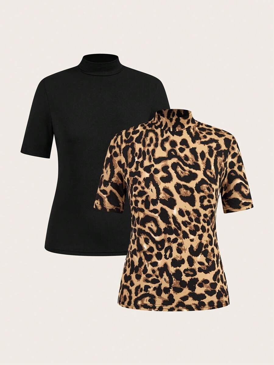 SHEIN EZwear 2件/套 女士豹纹高领修身长款半袖打底衫 - 彩色 - 查看 1