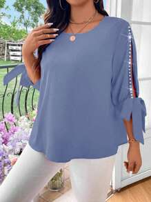 Celure 大码纯色水晶装饰打结优雅圆领长袖衬衫 - 霧霾藍 - 查看 6