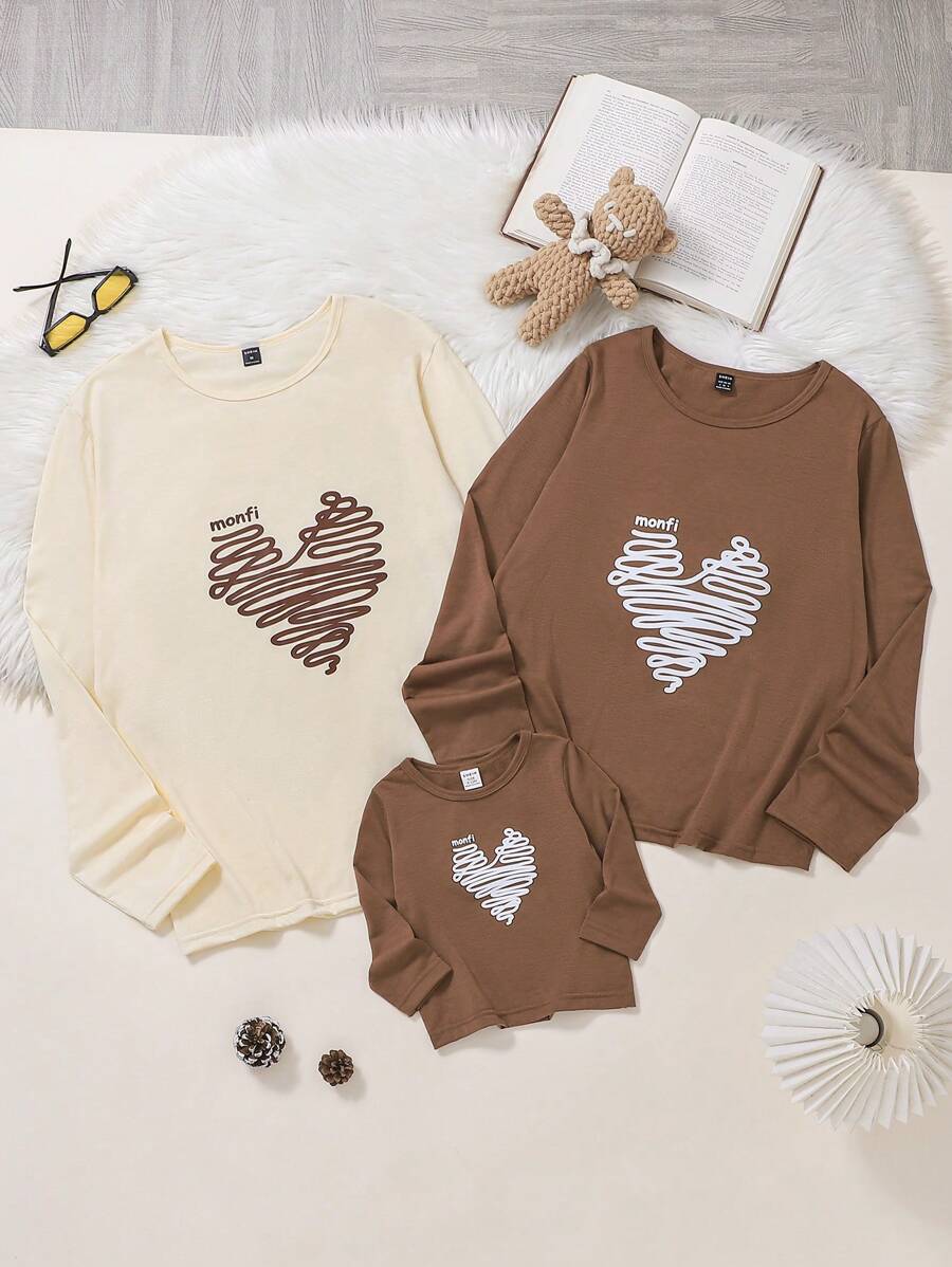 SHEIN 女士休闲心形与字母印花圆领长袖 T 恤，适合日常活动、户外旅行、室内外、春夏 - 棕色 - 查看 1