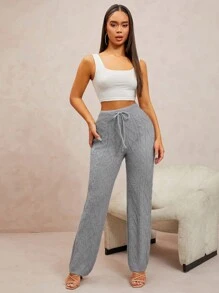 SHEIN SXY Cable Knit Fluffy Loose & Comfortable Soft Warm Sweater Pants - Light Grey - View 4