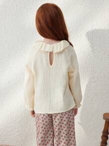 Blossori Blusa Jovem de Babados Casuais em Cor Damasco, Elegante Estilo Francês, Outono/Inverno