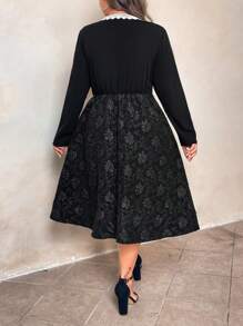 SHEIN LUNE 女士休闲优雅 V 领蕾丝边提花中长款冬季连衣裙长款女装