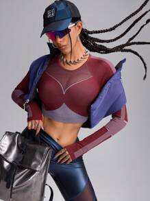 Innovista 无缝3D立体塑形蛇纹修身透气网状结构运动卫衣上衣，性感长袖上衣，适合徒步、露营、跑步、健身、日常户外活动、秋冬女装，核心运动，情人节秋季新款女式3D立体塑形，实用时尚 - 酒紅色 - 查看 5