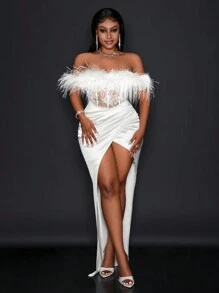 Slaydiva 2024 Women Thanksgiving Outfit, Holiday Winter Clothes, Valentine's Day, New Year Party, Banquet, Ball Gown, High-End Design, Lace Patchwork Off-Shoulder High Slit Fish Tail Fit And Flare Dress, Women Holiday Clothes, New Year Outfit, Holiday Dress, Party Dress - Size L