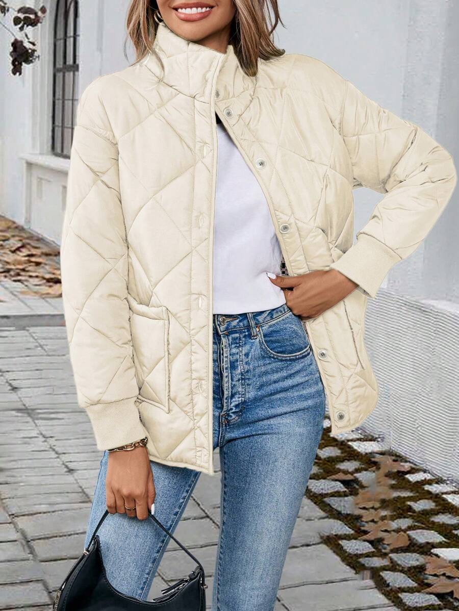 Chiquease Casual Quilted Button-Up Padded Padded Coat, Warm For Autumn/Winter Clothes - Apricot - View 1