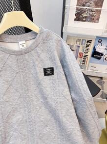 SHEIN Teen Boys' Casual Loose Fit Comfortable All-Match Style Woven Label Decoration Long Sleeve Crew Neck Top
