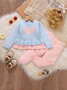 Baby Girls' Cute Heart Pattern Casual Pullover Sweater Set - Baby Blue - View 1