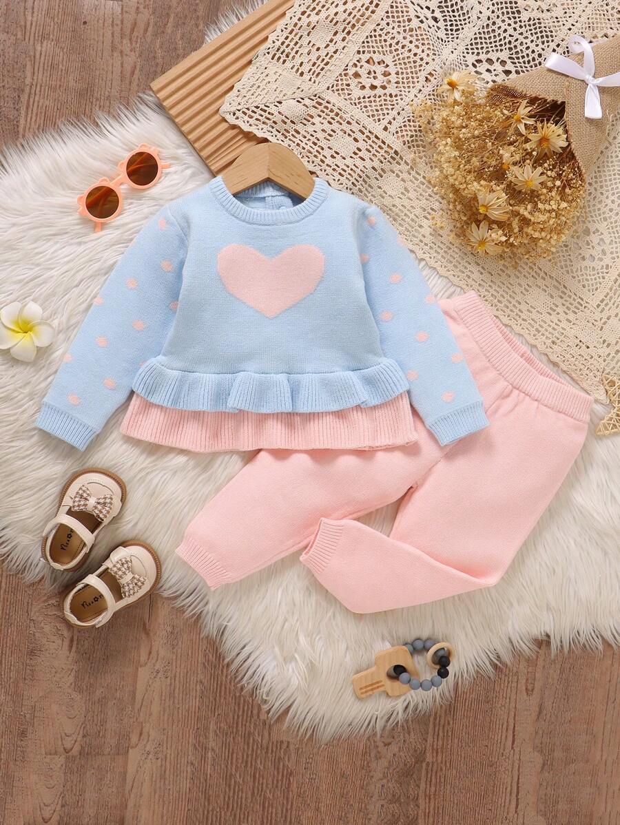 Baby Girls' Cute Heart Pattern Casual Pullover Sweater Set - Baby Blue - View 1