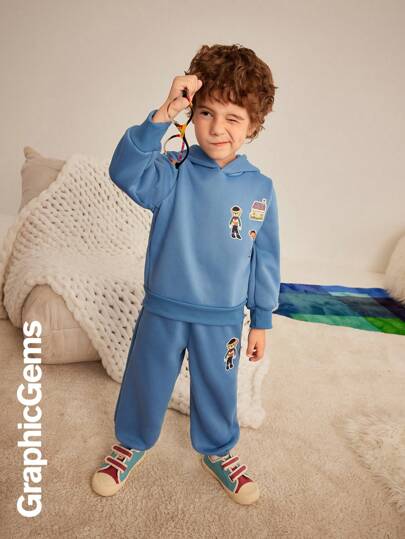 Set de 2 piezas Sudadera con capucha y pantalón de chándal con estampado de dibujos animados para niño pequeño, conjunto informal para otoño/invierno