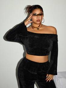 SHEIN ICON Conjunto de Top de manga larga con hombros descubiertos y pantalones lisos de talla grande - Negro - Ver 5