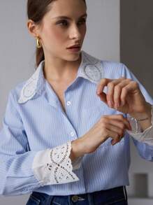 GENKIRA 法式简约办公休闲优雅条纹撞色刺绣花边领口和袖口纽扣长袖女士衬衫优雅商务休闲女士纽扣衬衫女士 - 藍色 - 查看 1