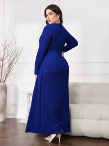 Modelyn Plus Size Women Solid Color Round Neck Long Sleeve Twist Waist Elegant Dress Long Evening Dresses - Blue - View 2