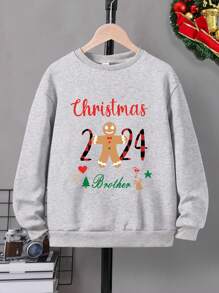 Moletom com Gráfico Temático de Natal com Forro Térmico para Meninos Jovens, Casual e Quente, Design com Espírito de Natal com Motivos de Papai Noel, Árvore de Natal, Flocos de Neve, Bengala de Doce, Estrela, Sino - Cinza - Visão 3