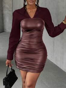 Slaydiva Vestido mini de mujer 2 en 1 de camisa de parchwork de PU de alta gama estilo calle sexy