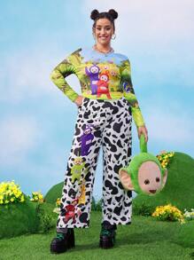 Teletubbies X SHEIN Plus Size Spring/Summer Y2K Coquette Kawaii Warm Retro Cow Print Tinky Winky Dipsy Laa-Laa Po Graphic Pants