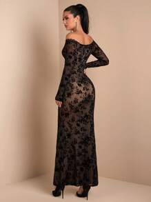 SHEIN BAE Bộ đồ bó sát bodycon dệt kim co giãn dự tiệc thanh lịch dành cho nữ có sọc nhung, váy dài tay màu đen sang trọng - màu đen - Xem 2