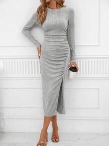 SHEIN Clasi Solid Split Thigh Dress Thread Ribbed