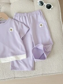 SHEIN Baby Girl Floral Print 2 In 1 Short Sleeve T-Shirt And Elastic Waist Pants Set, Spring/Summer - Purple - View 5